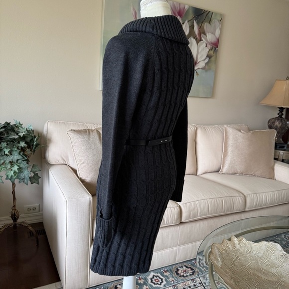Calvin Klein Charcoal Grey Cowl Neck Belted Cable Knit Sweater Dress - Picture 5 of 16